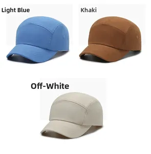 Three-color camper hats in light blue, khaki, and beige with side metal eyelets