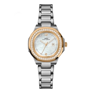 Luxury women's steel watch with octagonal diamond bezel and pearl dial with date
