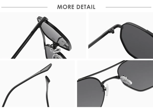 Detail view of black metal sunglasses with matte finish, sturdy hinges and silicone pads