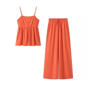Ensemble de vacances orange pour femme avec haut à bretelles et pantalon large