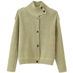 Chic sage green oversized rib-knit cardigan with a high collar and black buttons