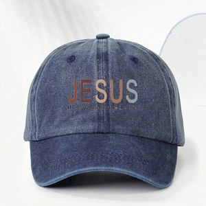 Adjustable washed blue denim baseball cap featuring Jesus The Way The Truth The Life print