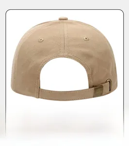 Rear view of khaki cotton baseball cap showing adjustable metal buckle and fabric strap