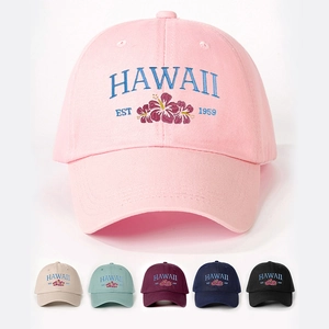 Hawaii Hibiscus Flower Embroidered Baseball Cap Washed Polyester Adjustable Casual Outdoor Sun Protection Hat