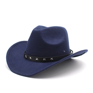 Detailed view of navy blue cowboy hat featuring leather band with silver star studs