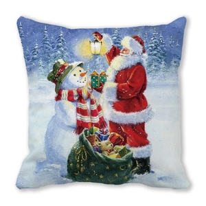 Close-up of Santa Claus and snowman digital print on Christmas peach skin pillowcase