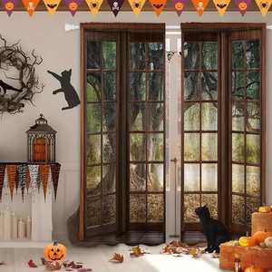 Detail view of 3D forest landscape curtain in a Halloween room with pumpkins