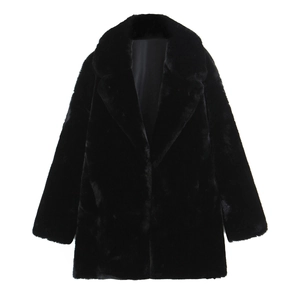 Manteau En Fausse Fourrure Femme Noir Mi-Long Épais Chaud Veste Hiver Élégant Revers Manches Longues Peluche Unie