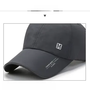 Close-up of quick-dry dark gray cap with M embroidery and detailed stitching craft
