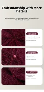 Dettaglio di un caldo cappello in maglia bordeaux con perle e design elastico sul retro