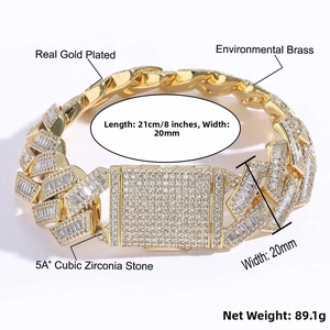 Detailed view of 20mm wide Cuban link bracelet with 5A+ Cubic Zirconia in gold finish