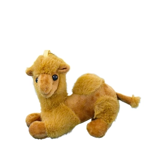 Soft brown desert camel plush keychain accessory with yellow ribbon loop