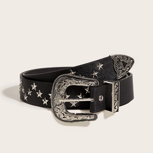 Black leather punk belt with star rivets and vintage engraved buckle for women