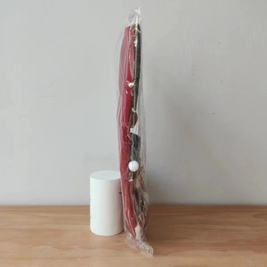 Detailed view of the red Christmas stocking packaged in a clear protective plastic bag