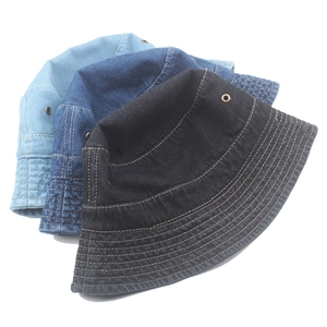 Washed denim bucket hats for women in light, medium, and dark blue sun protection styles