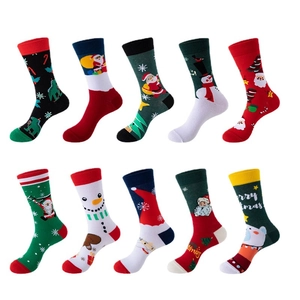 Set of ten assorted Christmas crew socks with festive Santa and reindeer patterns