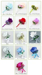 Detail showing 13 assorted color silk rose boutonnieres with rhinestones for weddings