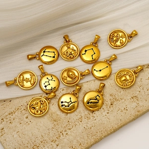 Zodiac Sign Pendant Circular Coin Charm 304 Stainless Steel 18K Gold Plated Waterproof Hypoallergenic DIY Accessory