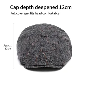 Dark grey herringbone newsboy hat with orange plaid, 12cm deep wool blend cap