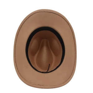 Detail view of khaki fedora interior showing the black sweatband and adjustable string