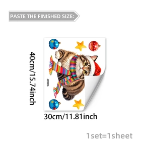Detailed size guide of Christmas static window sticker featuring a cute cat with scarf