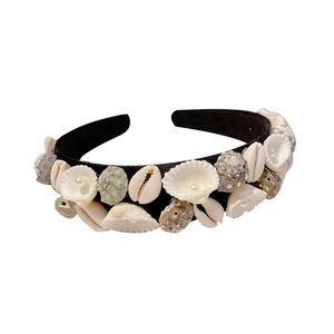 Baroque headband with seashells and pearls on black band for a vintage aesthetic