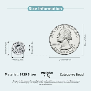Macro shot of S925 sterling silver filigree charm bead with dimensions and weight data