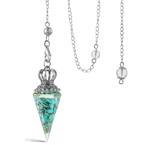 Hexagonal resin pendulum with turquoise stones and metal coil on white background