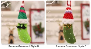 Close-up of Style B and C knitted banana plush ornaments in a festive Christmas setting