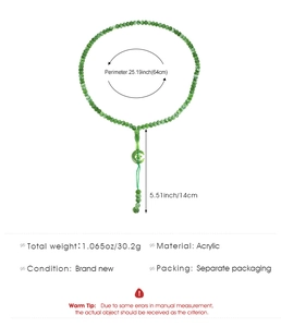 Detailed size guide for green 99-bead prayer beads with moon and star pendant