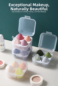 Macro detail of 4-piece makeup sponge set in transparent storage box with lid