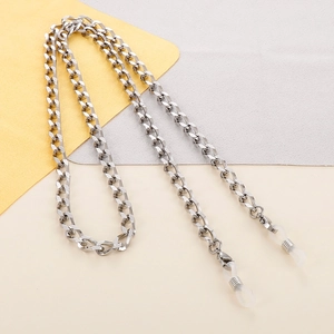 Detailed view of silver titanium steel curb chain with silicone loops for glasses or mask