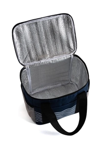 Detail of insulated lunch bag with thick aluminum foil lining and striped fabric