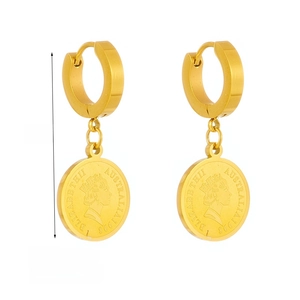 French vintage 18K gold plated Queen portrait coin earrings made of titanium steel
