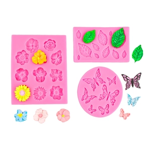 Silicone fondant molds for DIY cakes featuring flower, leaf, and butterfly shapes