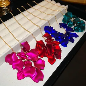 Petal Tassel Necklace Layered Flower Pendant Alloy Clavicle Chain Frosted Matte Unique Jewelry Gift For Women