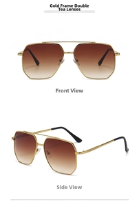 Front and side macro views of gold double bridge aviator sunglasses with brown gradient lenses