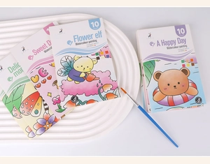 Detail of portable watercolor painting book for kids with built-in dry paint swatches