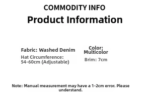 Size specifications for washed denim baseball cap with adjustable 54-60cm circumference