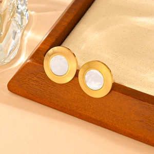 Minimalist brushed gold titanium earrings with white mother-of-pearl inlay, main view