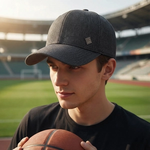 Casual dark grey baseball cap for middle-aged men featuring a side metal logo detail