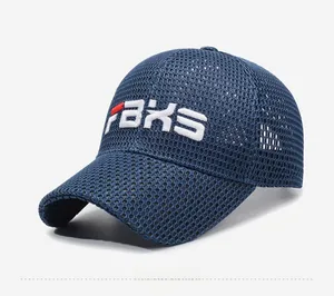 Detail of navy mesh baseball cap with white 3D embroidery and breathable texture