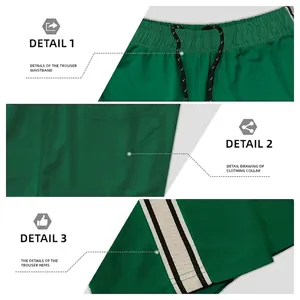 Green athletic pants featuring elastic drawstring waist, side pockets, and striped cuffs
