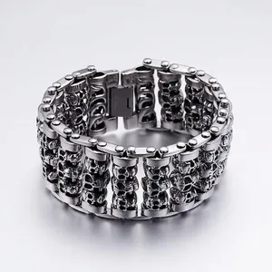 Mens heavy duty 35mm stainless steel skull bracelet with punk rock mechanical design