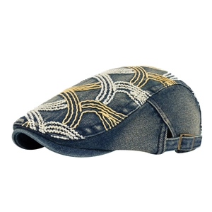 Retro dark blue denim beret hat with yellow wave embroidery and metal buckle for women
