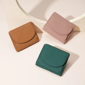 Petit Portefeuille Femme En Cuir Véritable À Deux Volets Motif Litchi Blocage RFID Porte-Monnaie Minimaliste