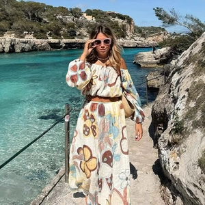 Tenues De Vacances Pour Femmes Imprimé Floral Abstrait Haut À Épaules Dénudées Manches Lanternes Et Jupe Longue