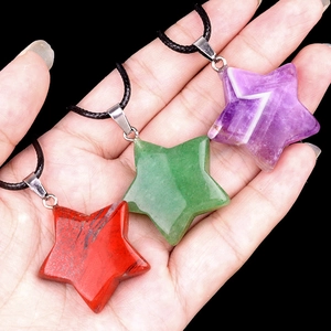 Natural Gemstone Star Pendant Necklace Crystal Healing Stone Pentagram Waxed Cord Spiritual Jewelry Gift Men Women
