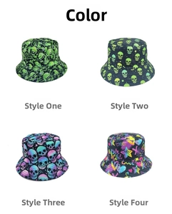Detail view of four reversible bucket hats with skull prints and graffiti art patterns