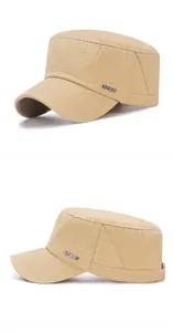 Close-up of khaki cotton military cap featuring a metal SPORT badge and durable stitching